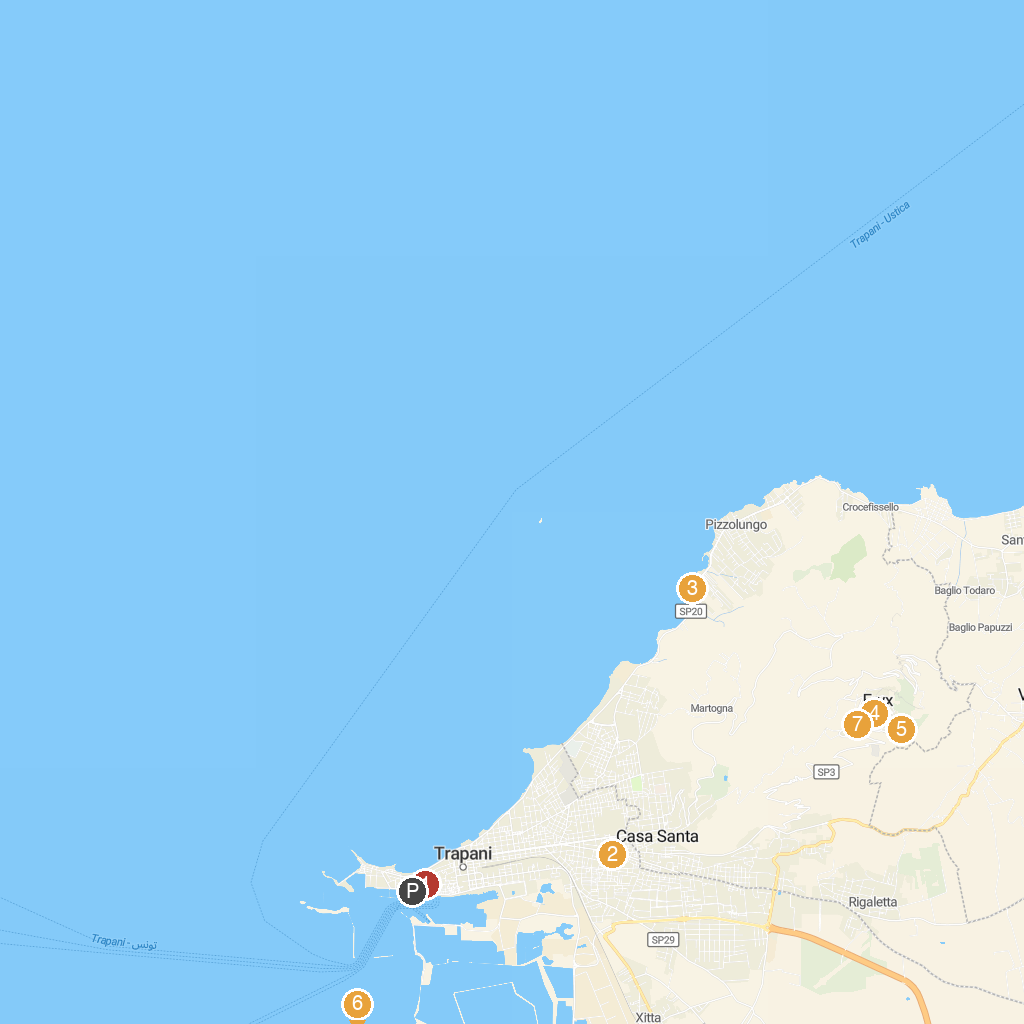 Trapani, Sicily, Italy map with numbered points of interest