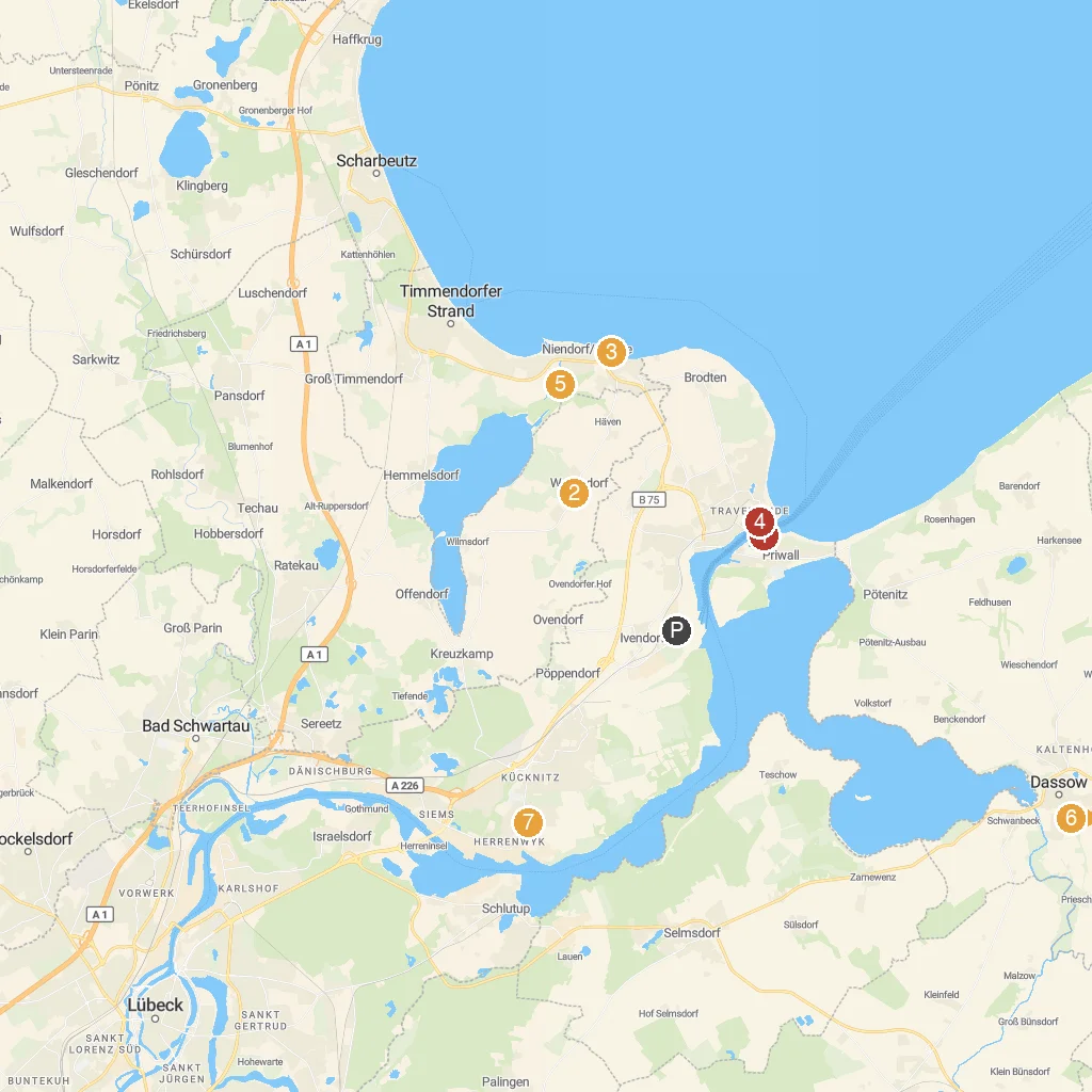 Travemünde/Lübeck, Schleswig-Holstein, Germany map with numbered points of interest