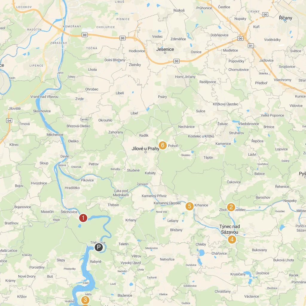 Třebenice (Slapy), Bohemia, Czech Republic map with numbered points of interest