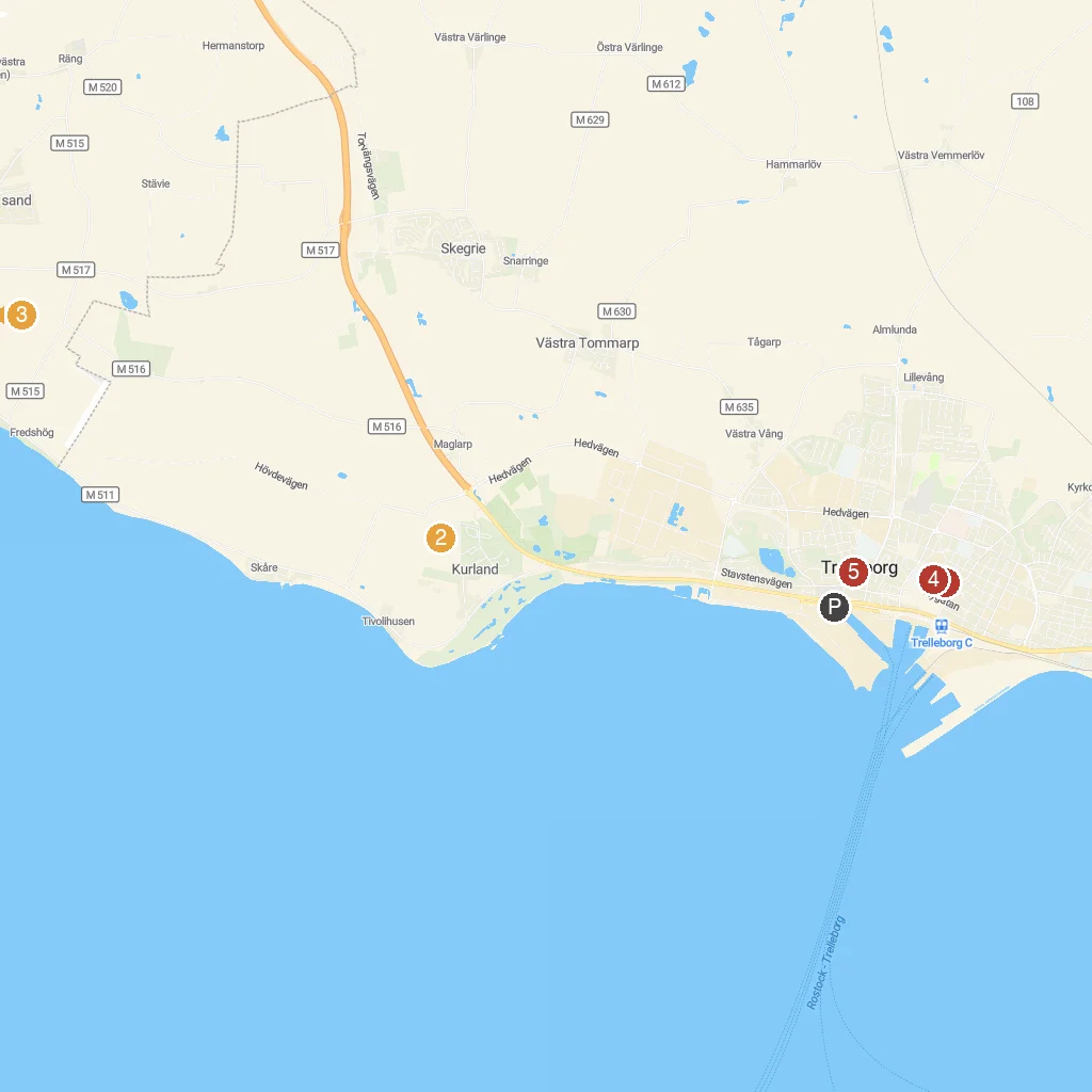 Trelleborg, Skåne, Sweden map with numbered points of interest