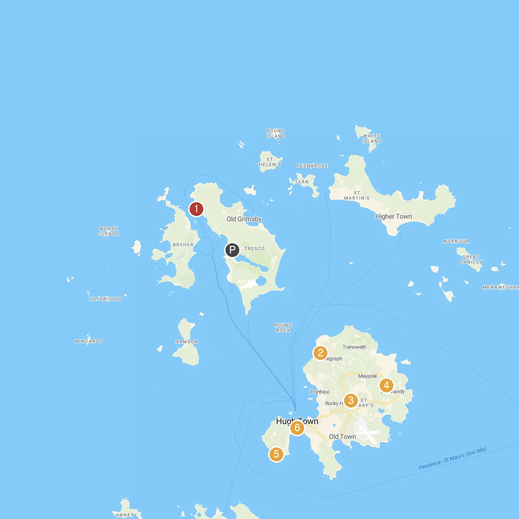 Tresco Island, Isles of Scilly, England map with numbered points of interest