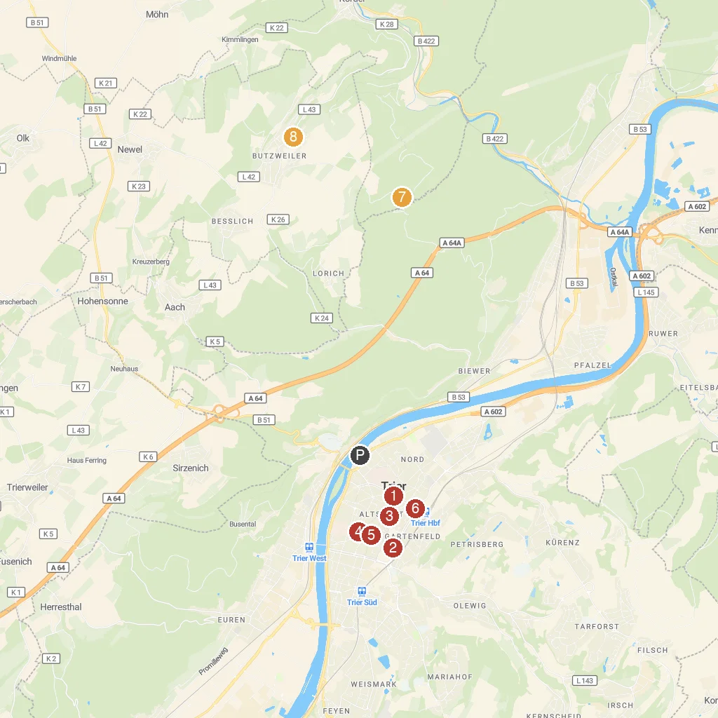 Trier, Rhineland-Palatinate, Germany map with numbered points of interest