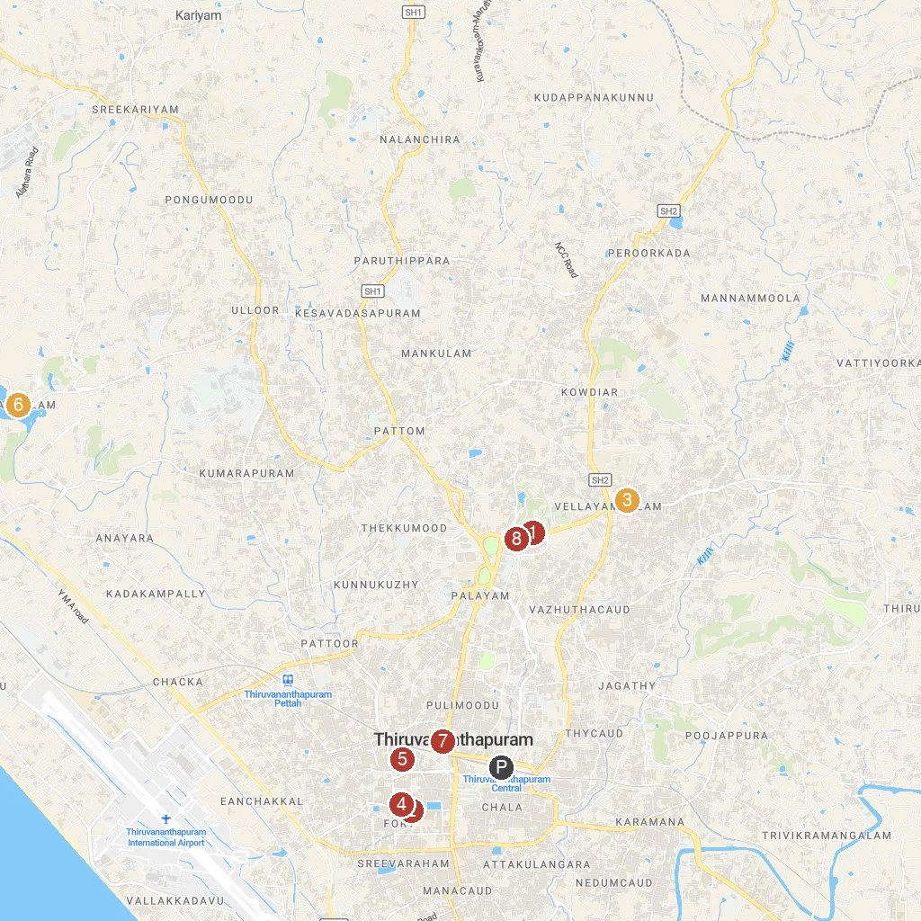 Trivandrum (Vizhinjam), Kerala, India map with numbered points of interest