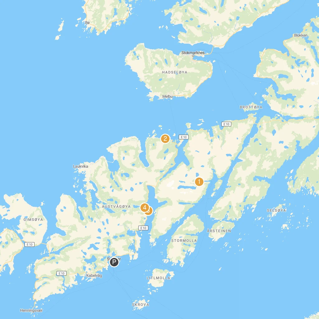 Trollfjord, Lofoten, Norway map with numbered points of interest