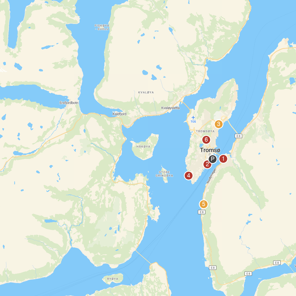 Tromsø, Norway map with numbered points of interest