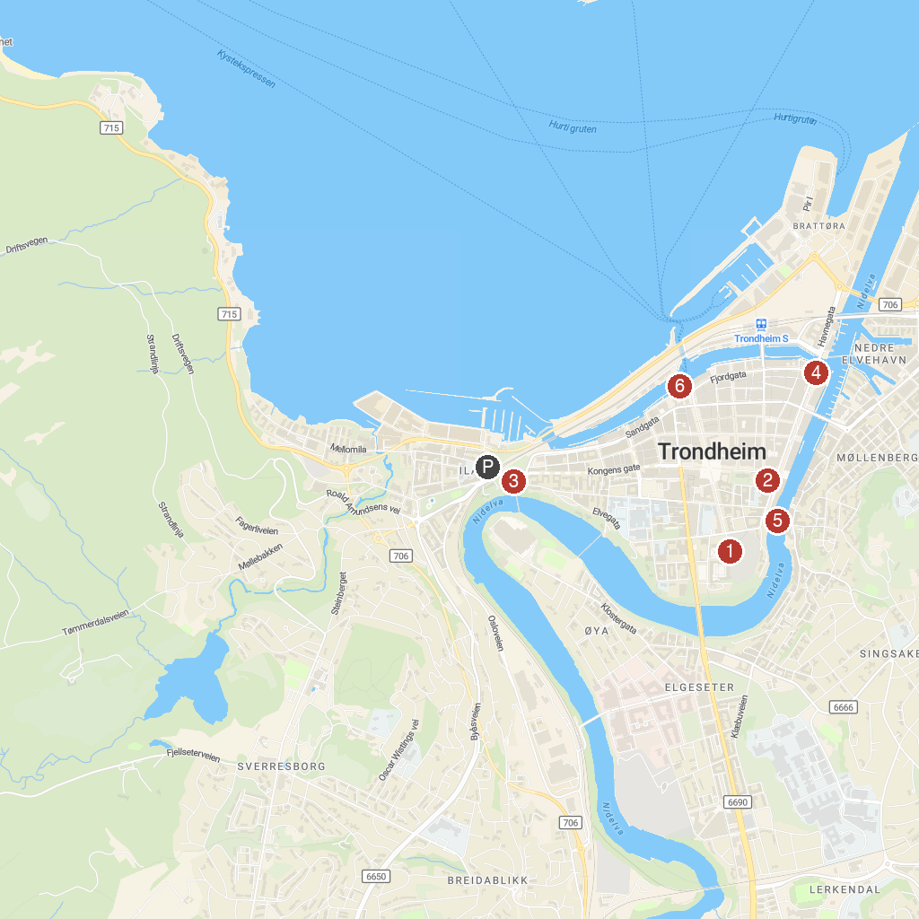 Trondheim, Norway map with numbered points of interest