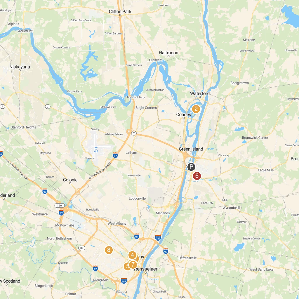 Troy, New York, USA map with numbered points of interest