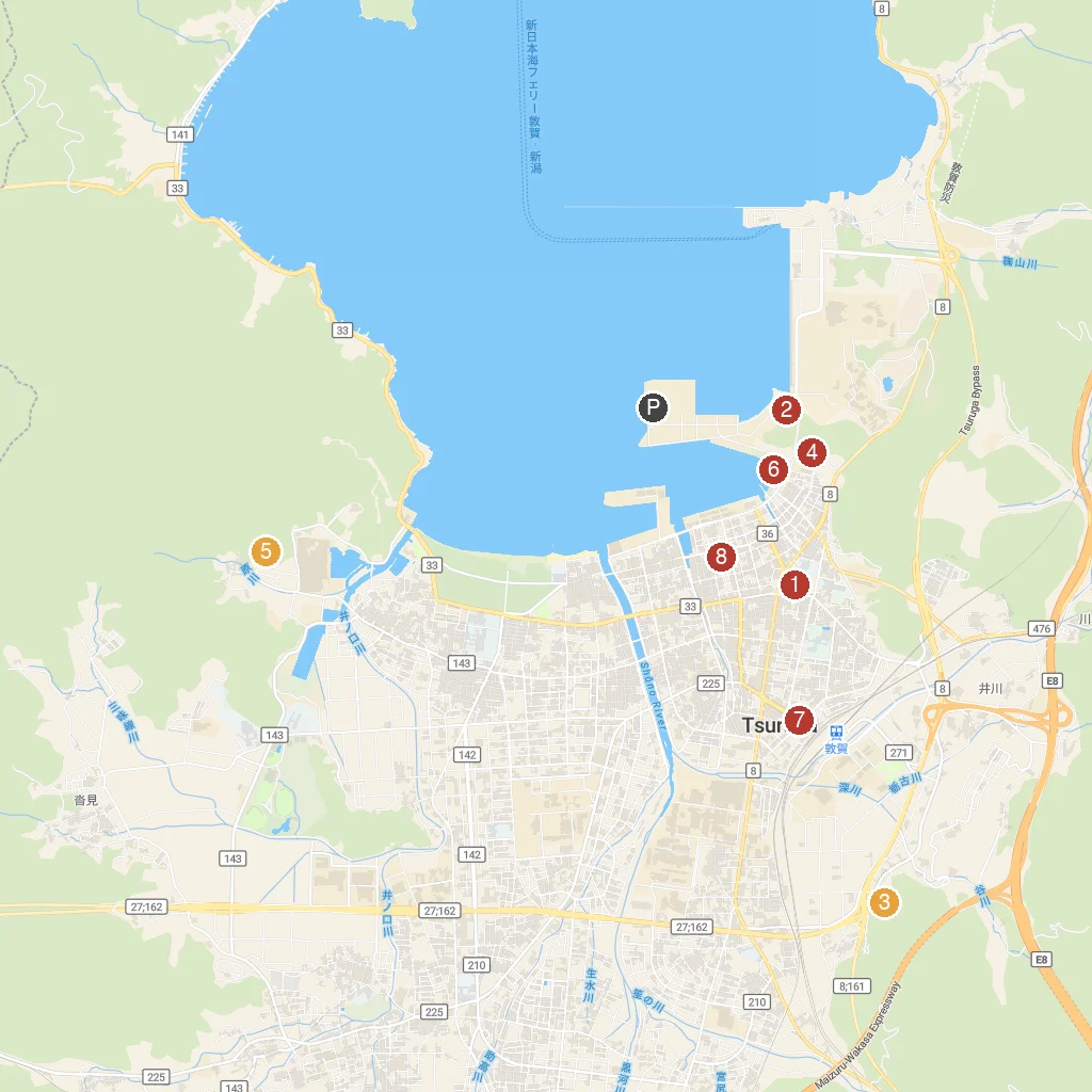 Tsuruga, Fukui Prefecture, Japan map with numbered points of interest
