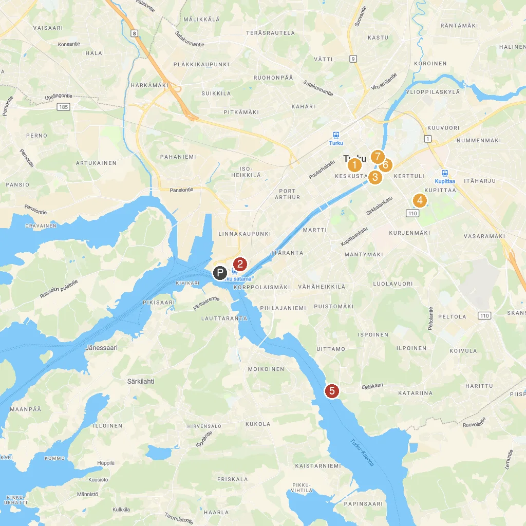 Turku, Finland map with numbered points of interest