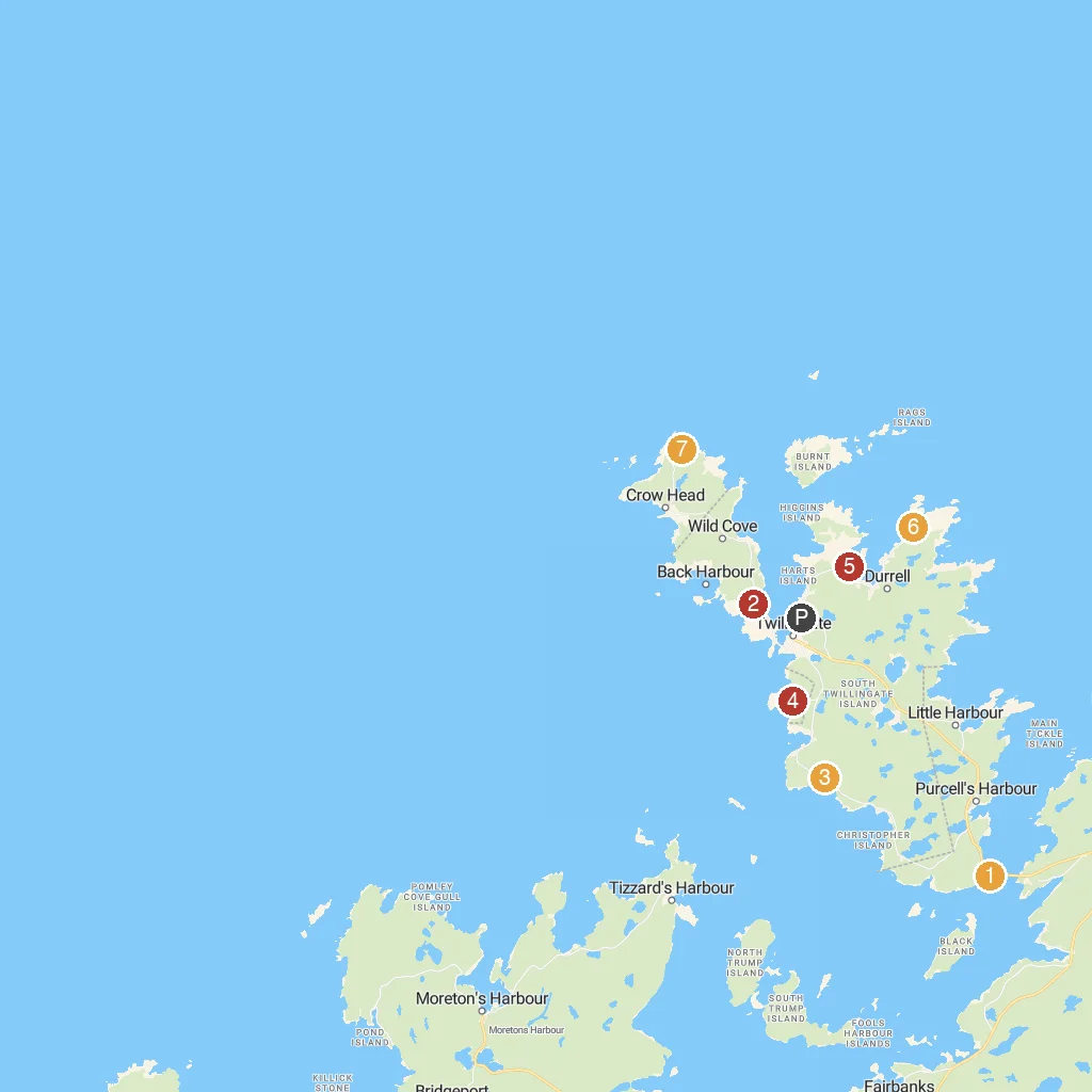 Twillingate, Newfoundland, Canada map with numbered points of interest