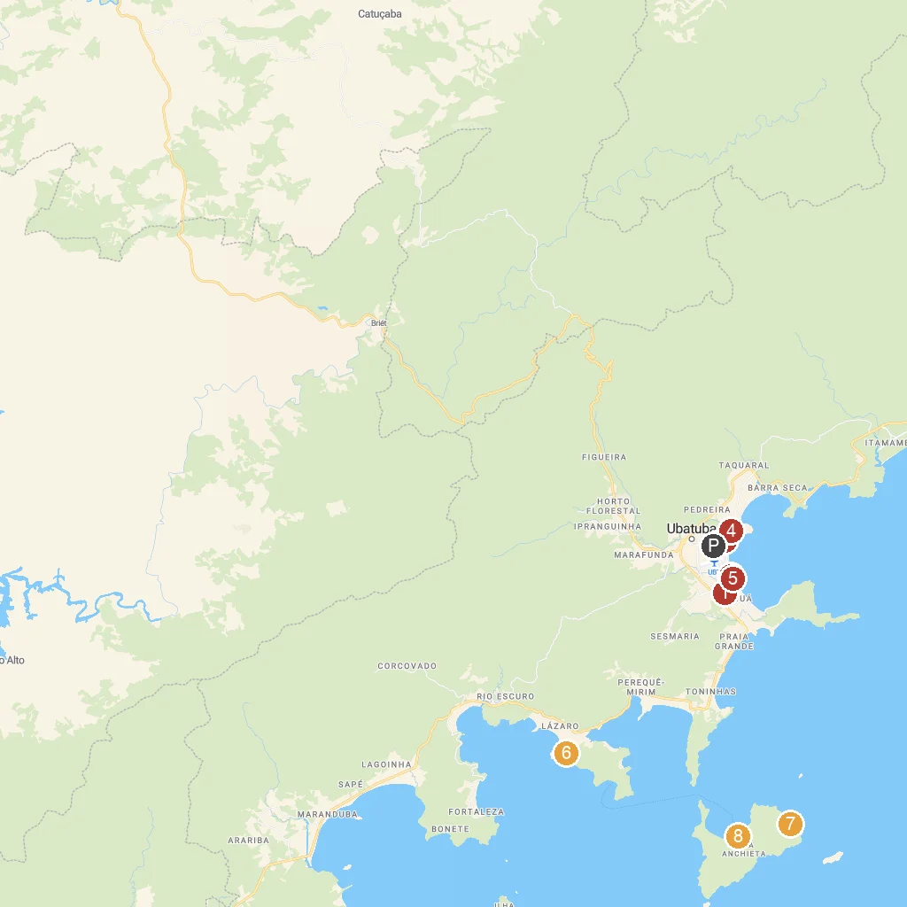 Ubatuba, São Paulo, Brazil map with numbered points of interest