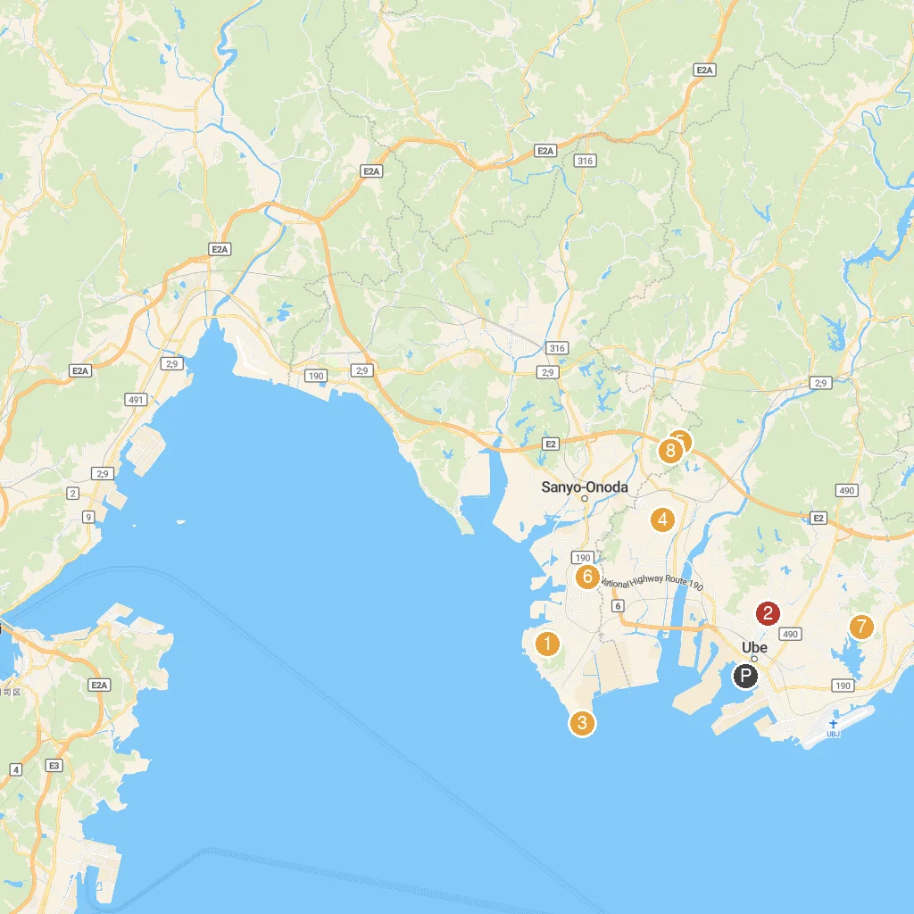 Ube, Yamaguchi, Japan map with numbered points of interest