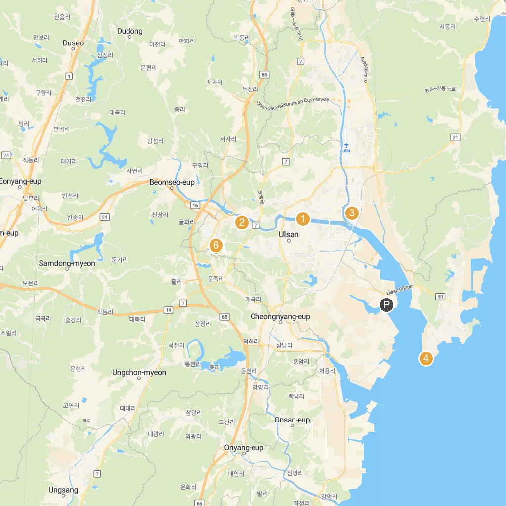 Ulsan, South Korea map with numbered points of interest