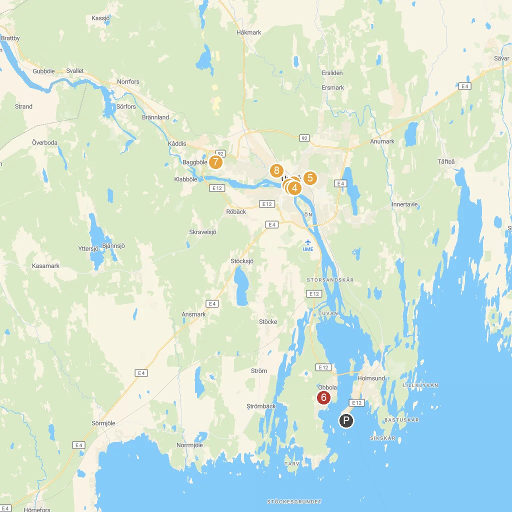 Umeå, Västerbotten, Sweden map with numbered points of interest