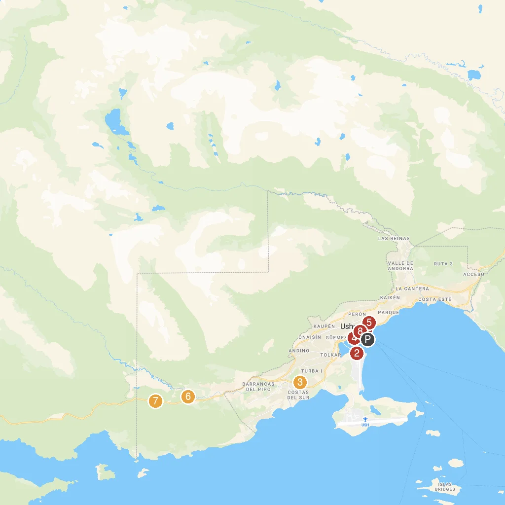 Ushuaia, Argentina map with numbered points of interest