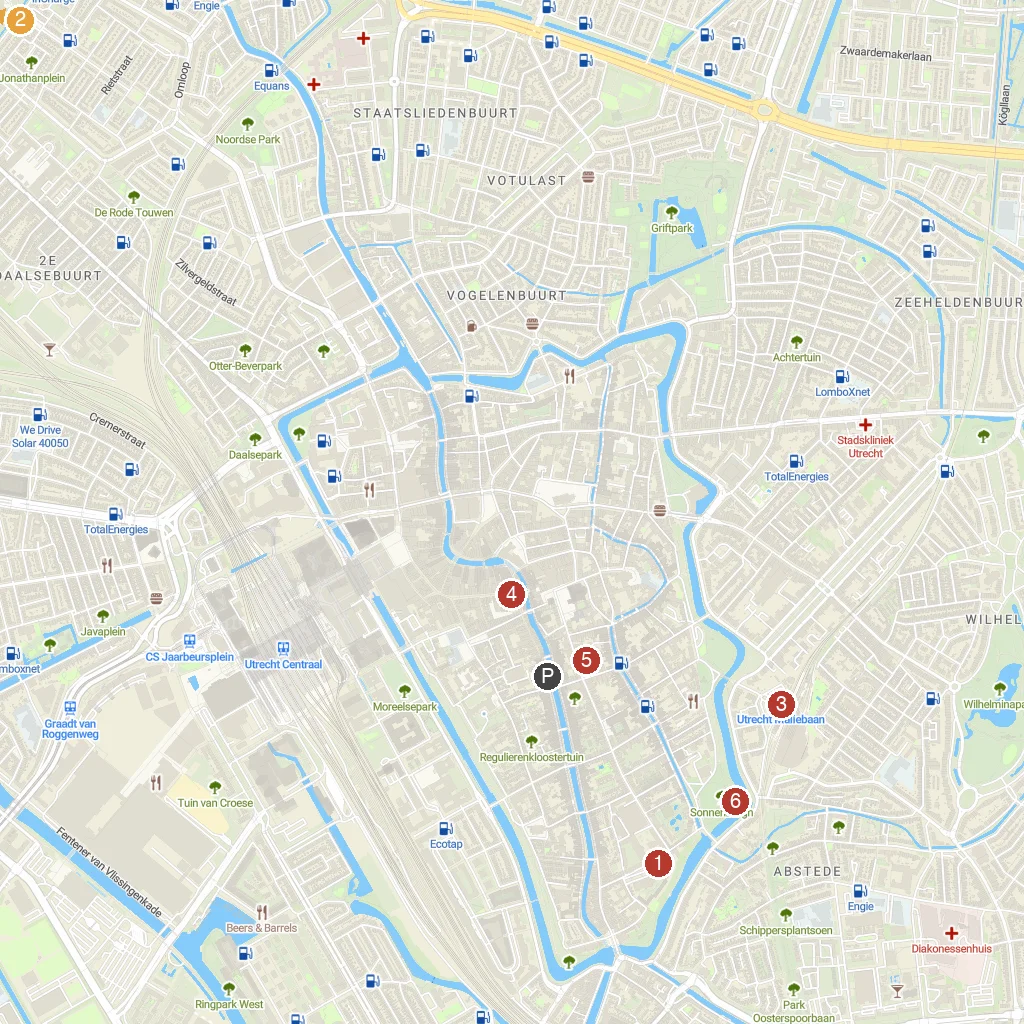 Utrecht, Utrecht Province, Netherlands map with numbered points of interest