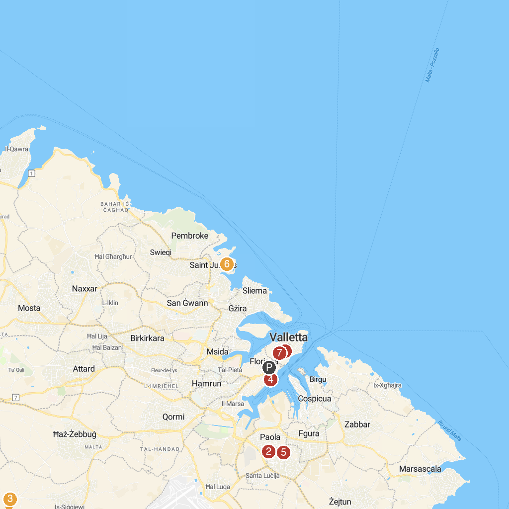 Valletta, Malta map with numbered points of interest