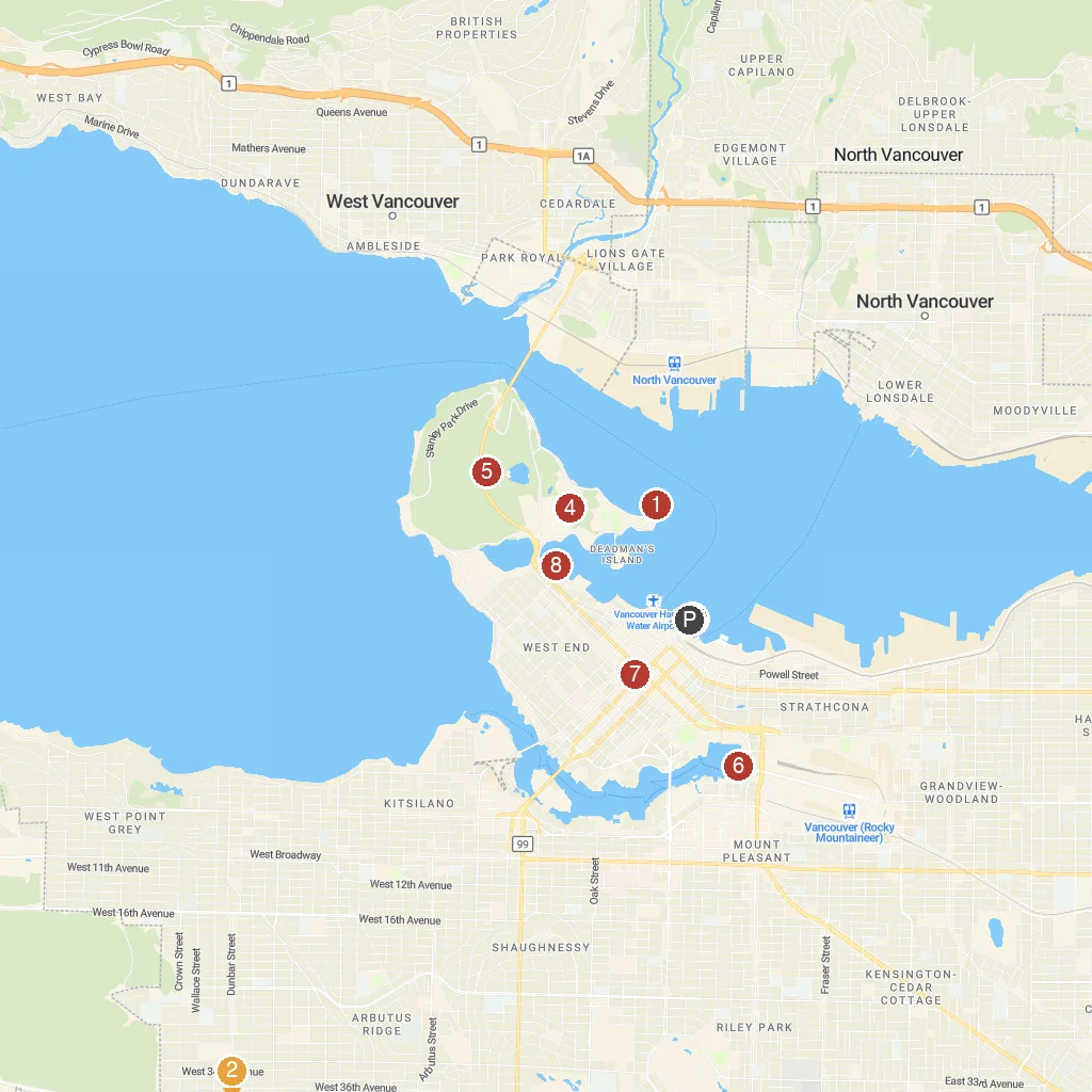 Vancouver, British Columbia, Canada map with numbered points of interest