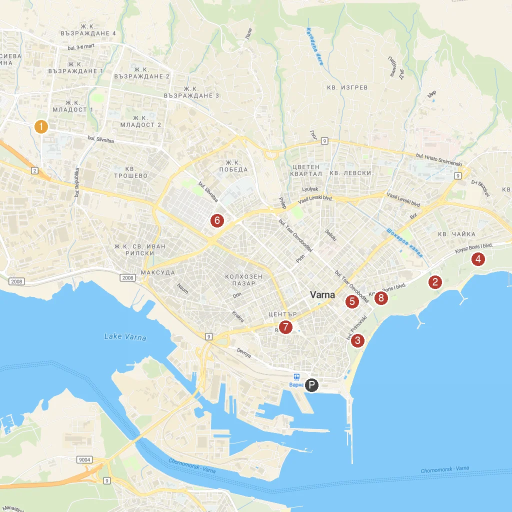 Varna, Black Sea Coast, Bulgaria map with numbered points of interest