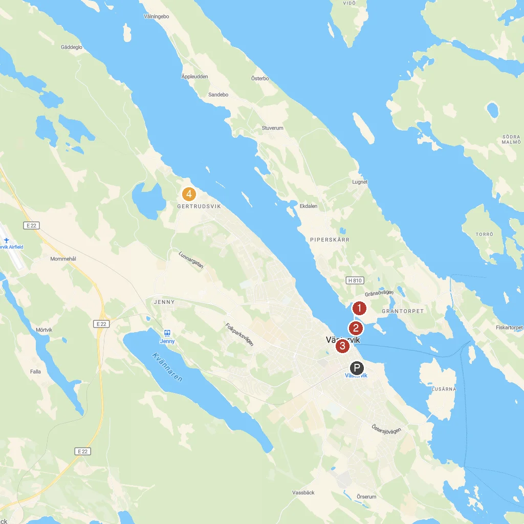 Västervik, Kalmar County, Sweden map with numbered points of interest