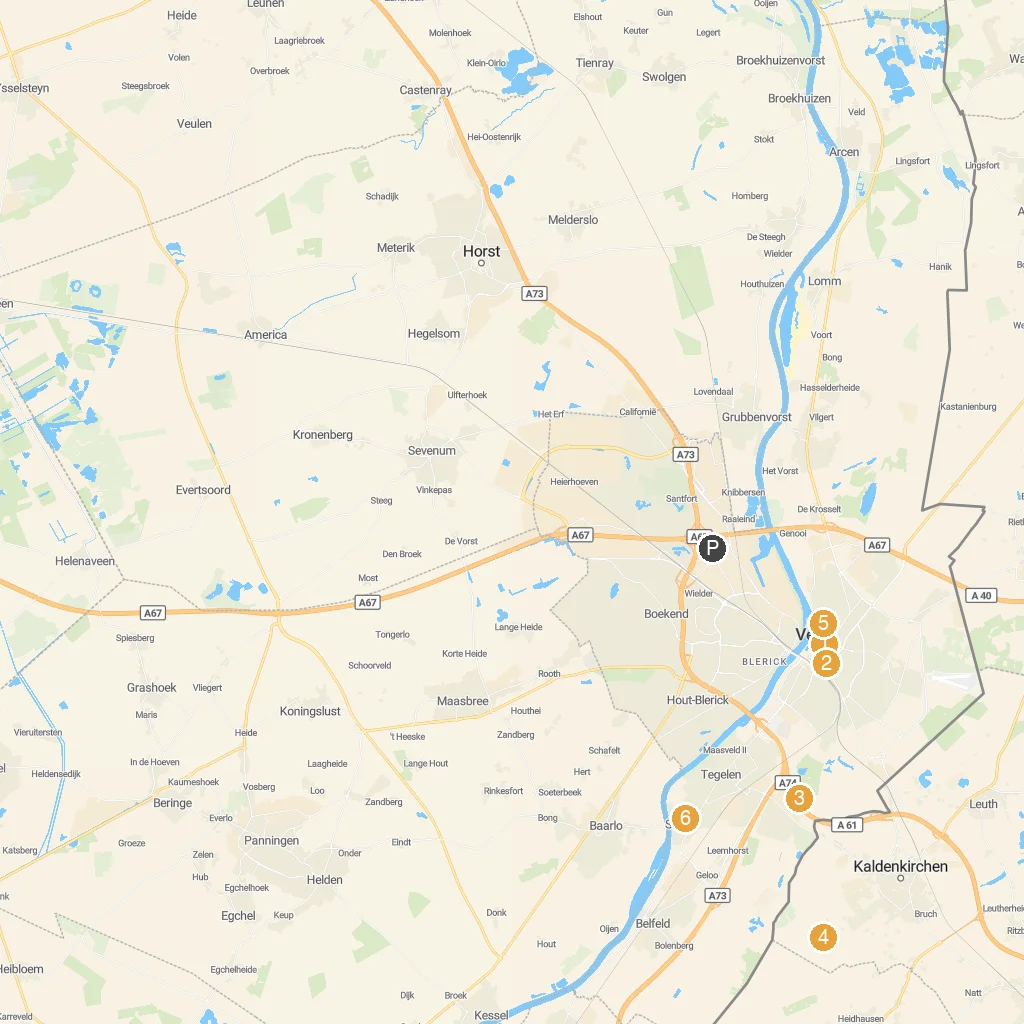 Venlo, Limburg, Netherlands map with numbered points of interest