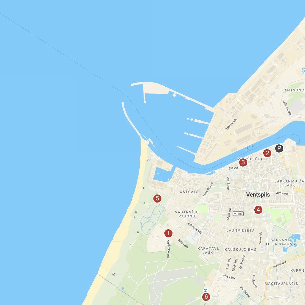 Ventspils, Kurzeme, Latvia map with numbered points of interest