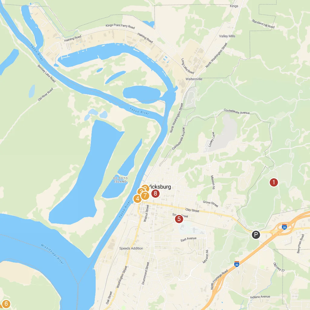 Vicksburg, Mississippi, USA map with numbered points of interest