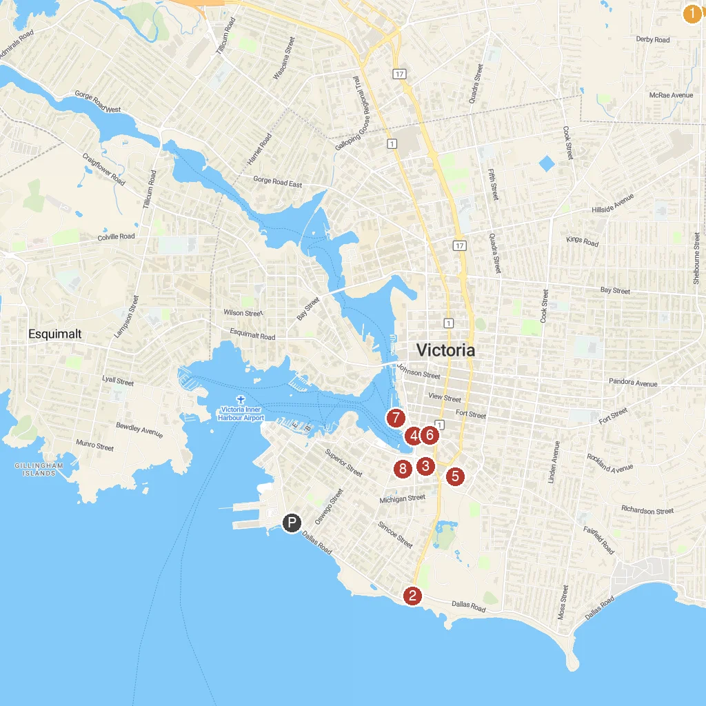 Victoria, British Columbia, Canada map with numbered points of interest