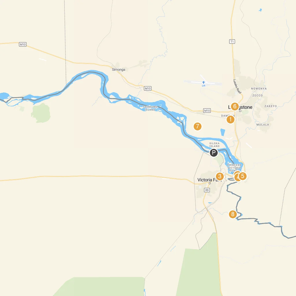 Victoria Falls, Matabeleland North, Zimbabwe map with numbered points of interest