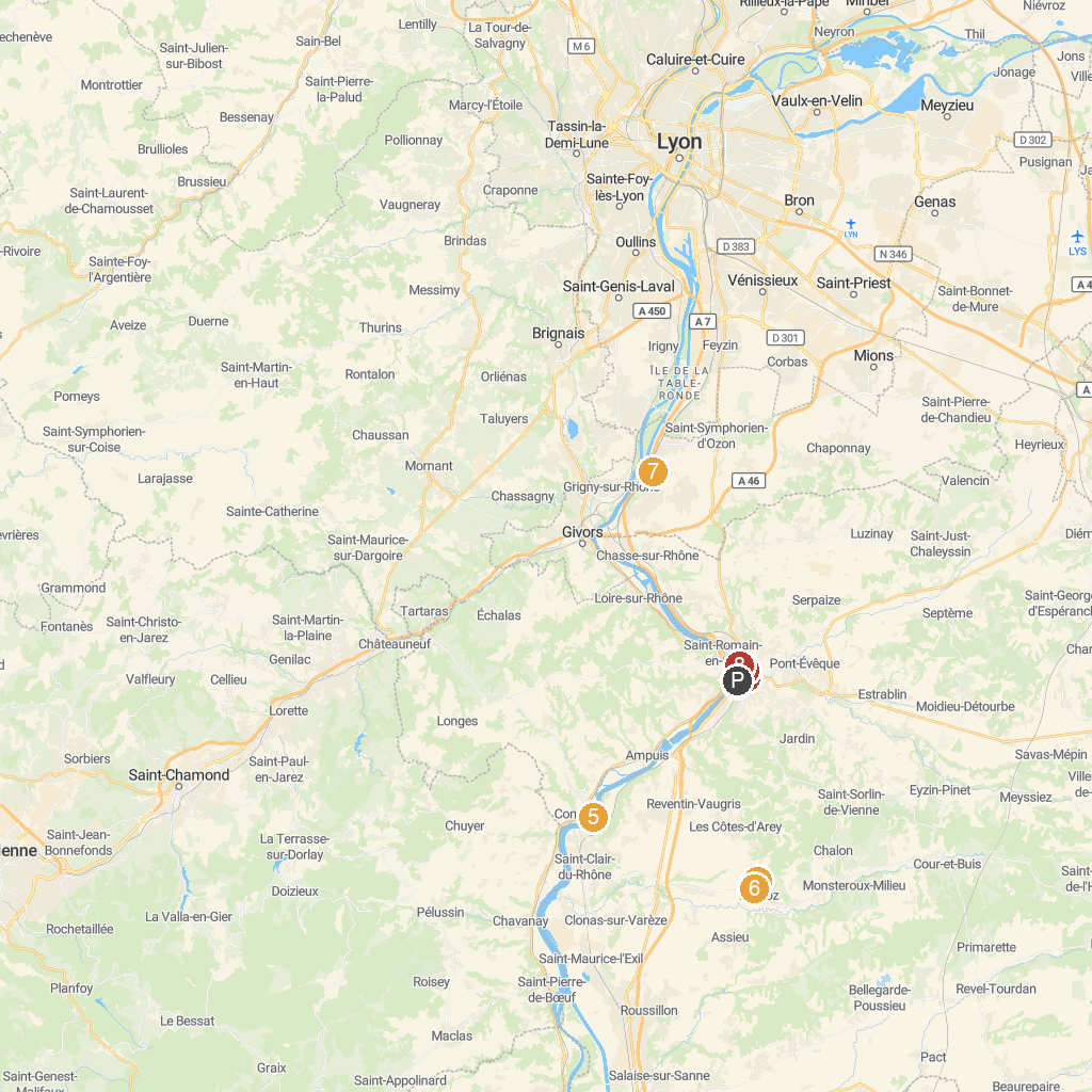 Vienne, Auvergne-Rhône-Alpes, France map with numbered points of interest