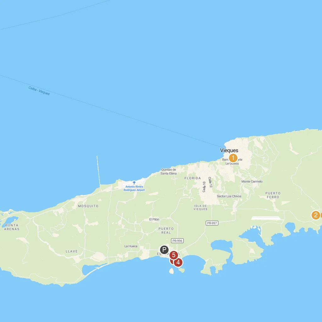 Vieques Island, Puerto Rico, USA map with numbered points of interest
