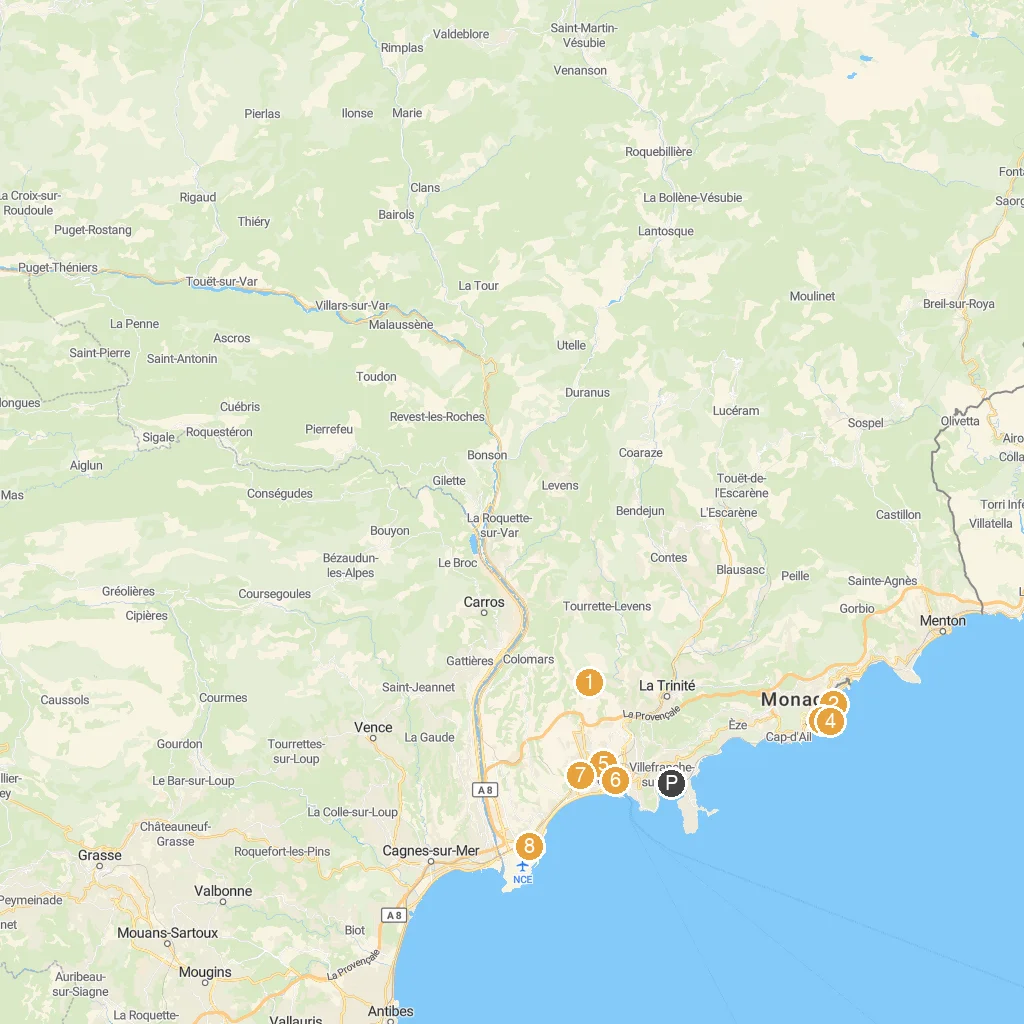 Villefranche-sur-Mer, Côte d'Azur, France map with numbered points of interest