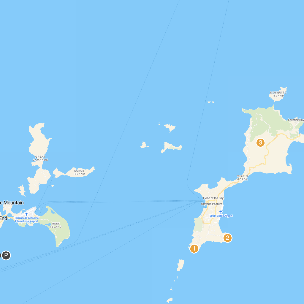 Virgin Gorda, British Virgin Islands map with numbered points of interest