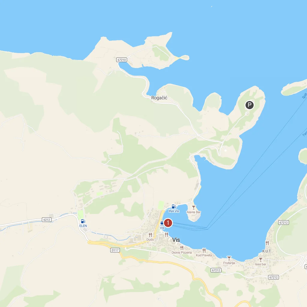 Vis Island, Dalmatia, Croatia map with numbered points of interest