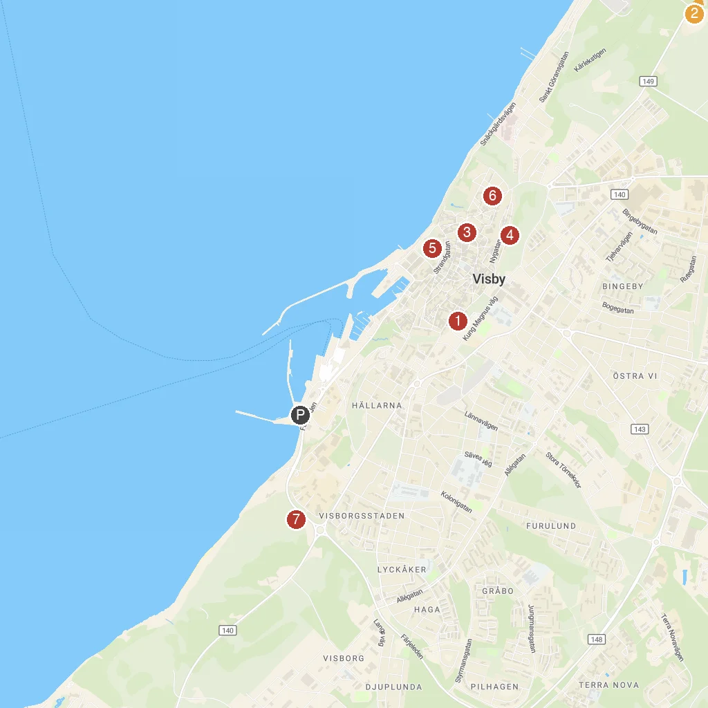 Visby, Gotland, Sweden map with numbered points of interest