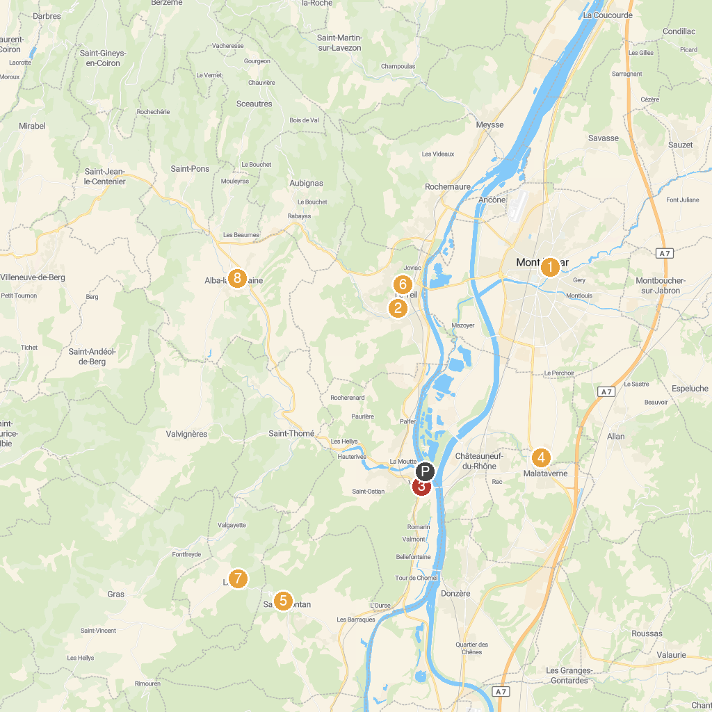 Viviers-sur-Rhône, Ardèche, France map with numbered points of interest