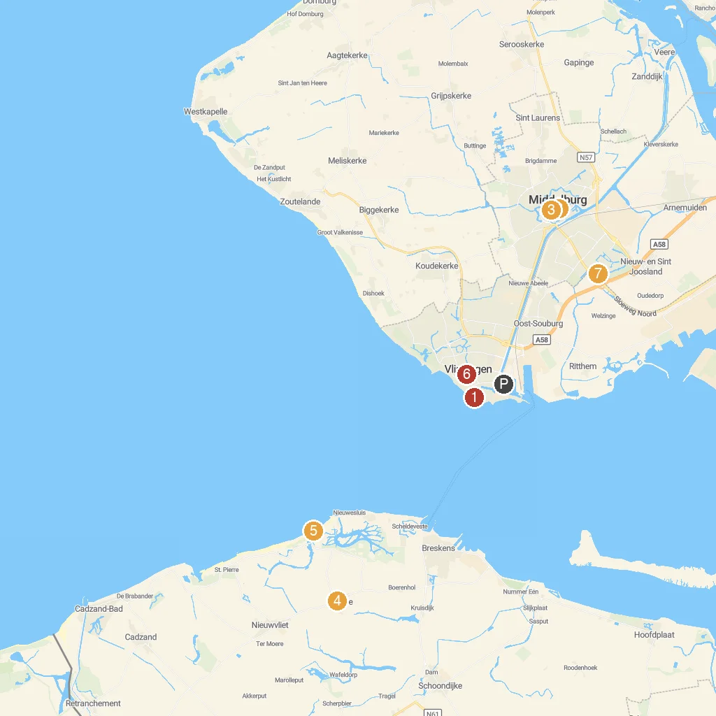 Vlissingen, Zeeland, Netherlands map with numbered points of interest