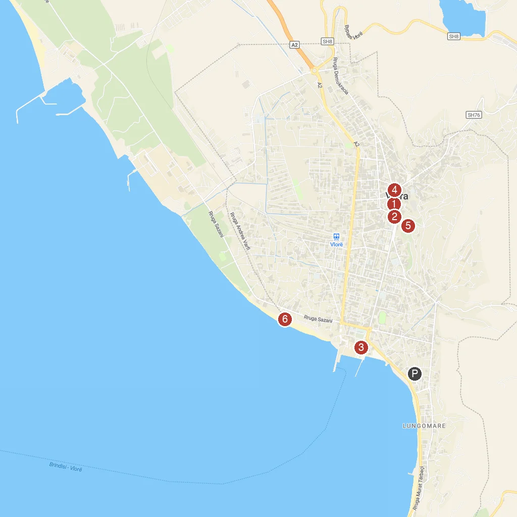 Vlore, Albania map with numbered points of interest