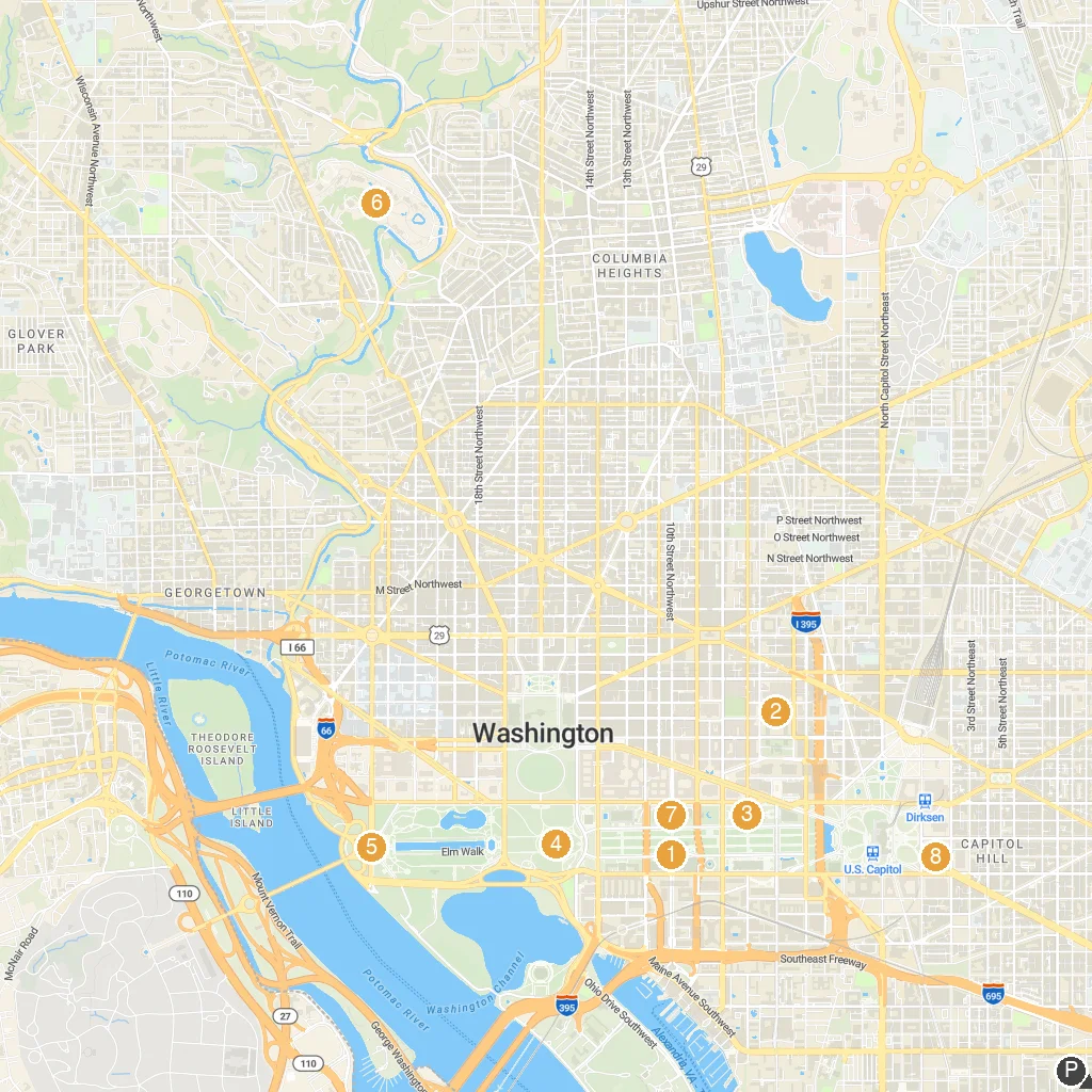 Washington, DC, USA map with numbered points of interest