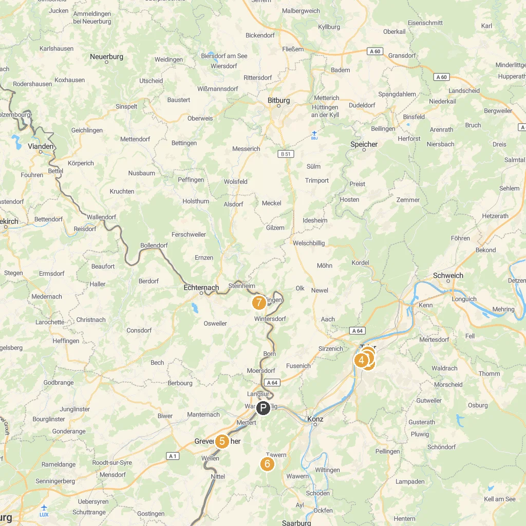 Wasserbillig, Grevenmacher, Luxembourg map with numbered points of interest