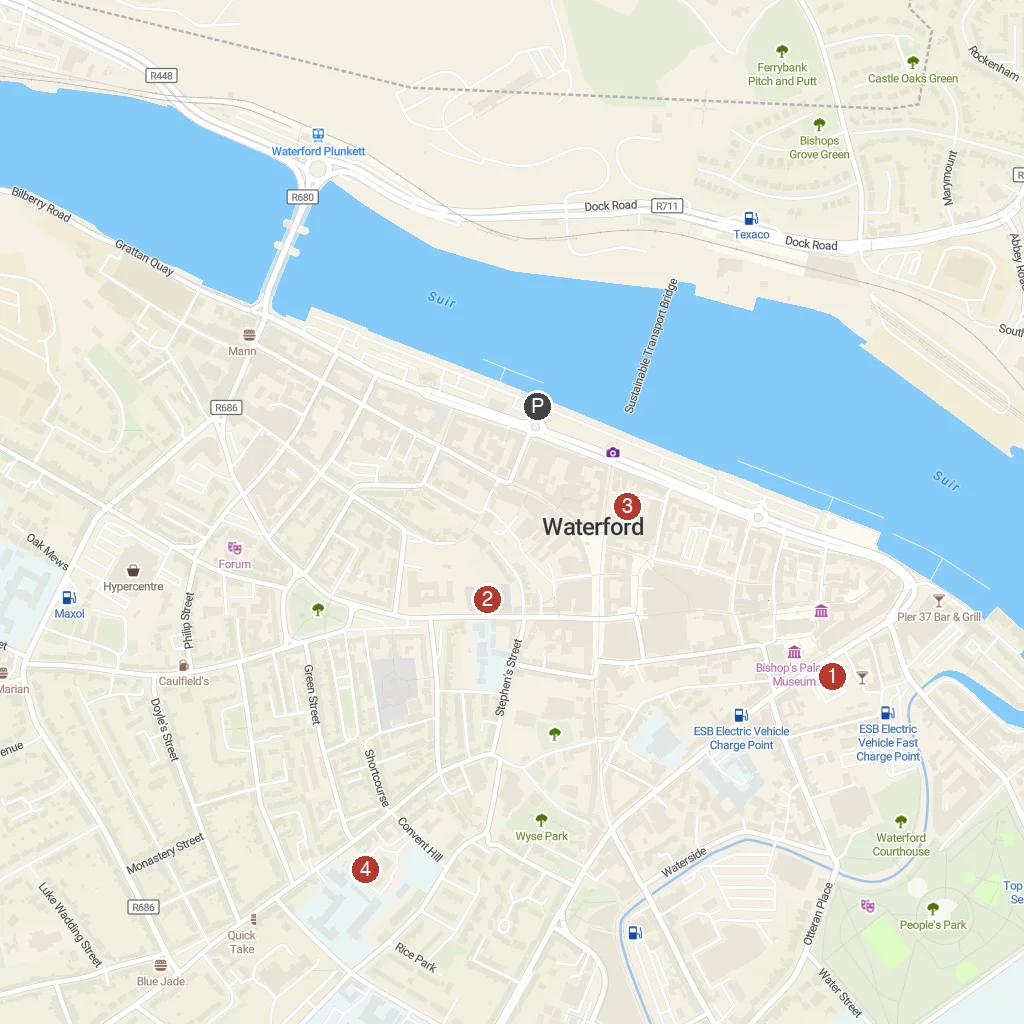 Waterford, County Waterford, Ireland map with numbered points of interest