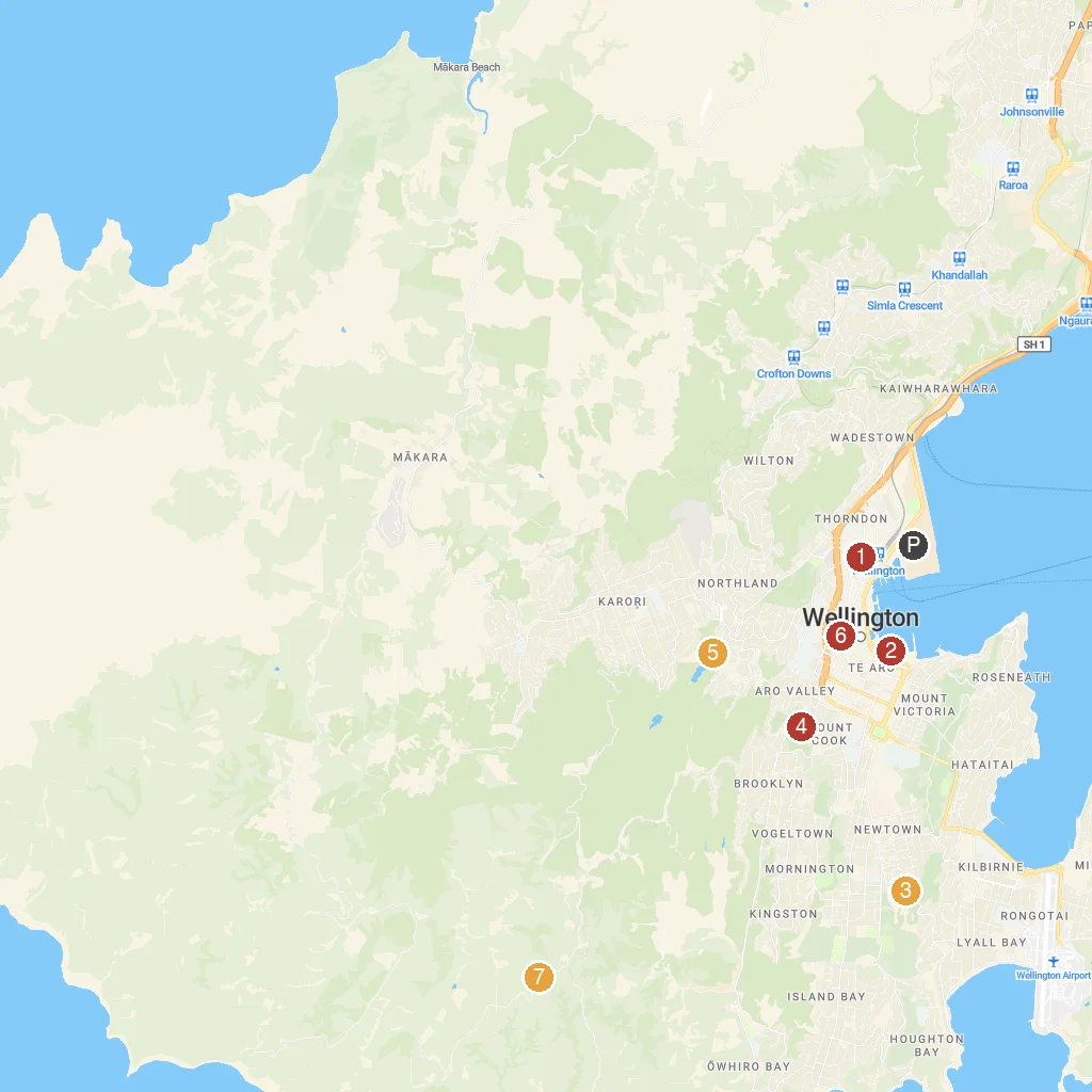 Wellington, North Island, New Zealand map with numbered points of interest