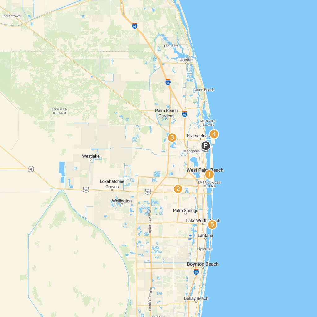 West Palm Beach, Florida, USA map with numbered points of interest