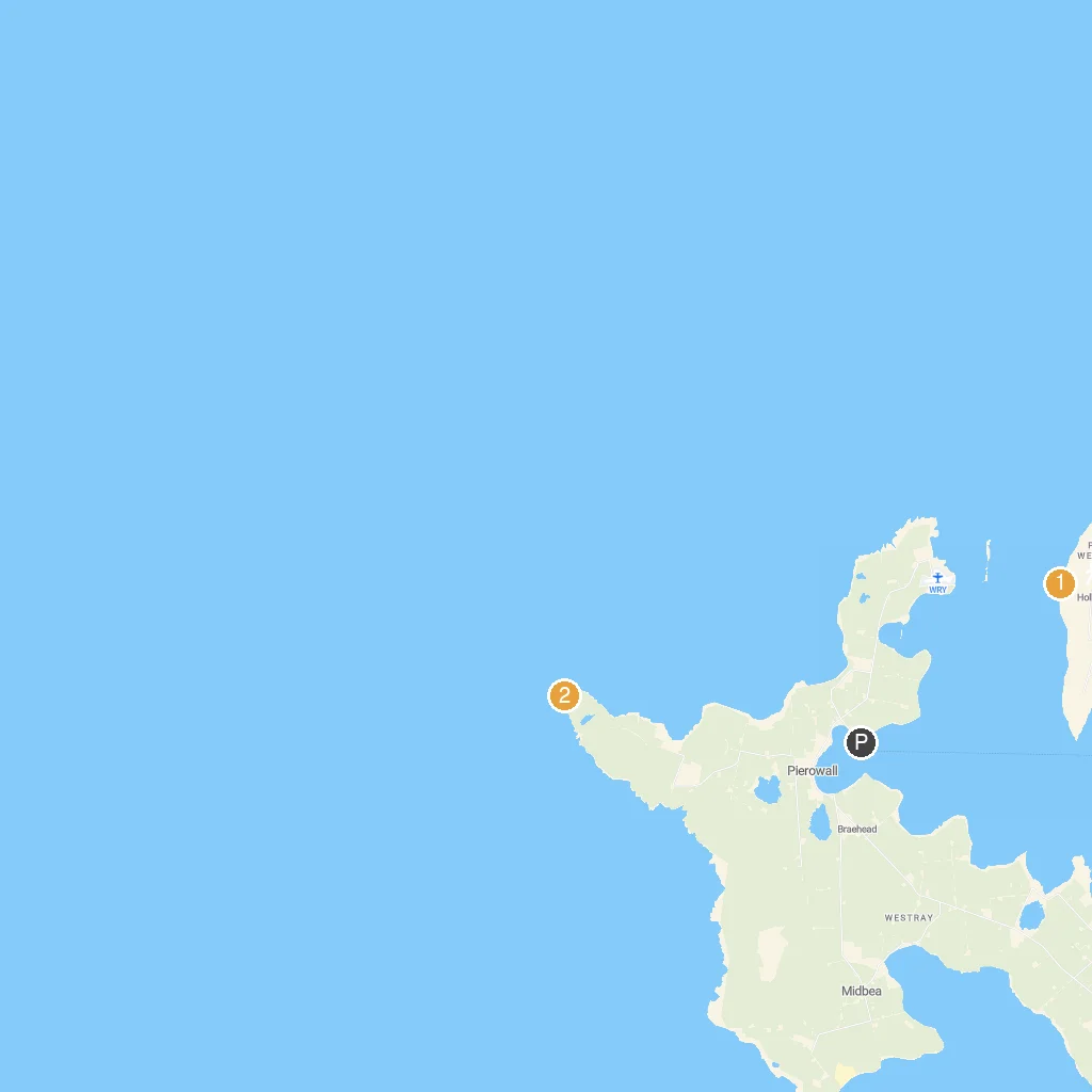 Westray Island, Orkney, Scotland map with numbered points of interest