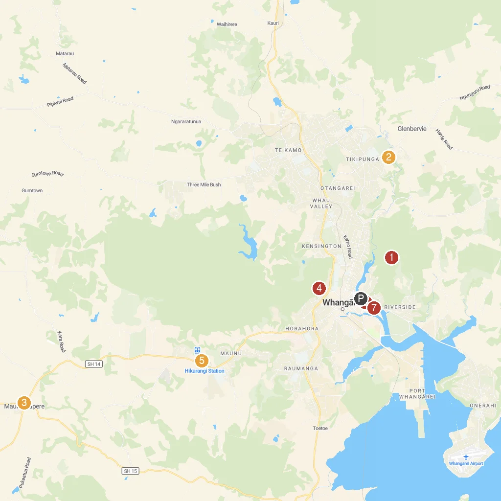 Whangarei, Northland, New Zealand map with numbered points of interest