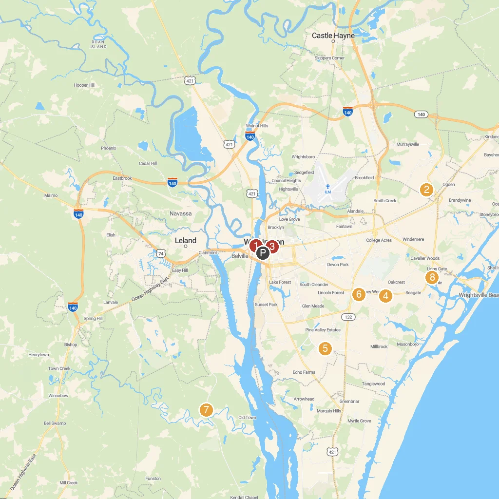 Wilmington, North Carolina, USA map with numbered points of interest