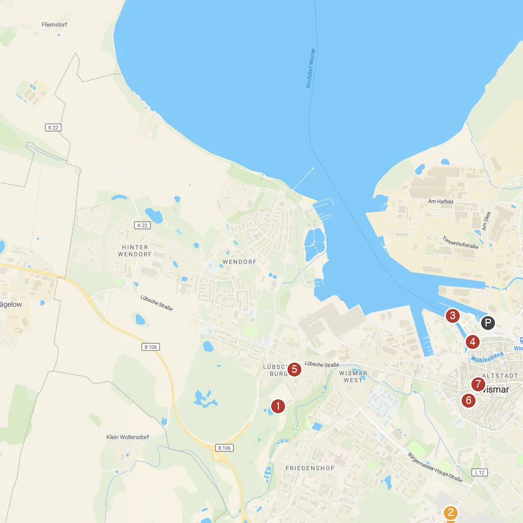 Wismar, Mecklenburg-Vorpommern, Germany map with numbered points of interest