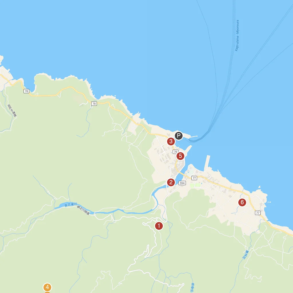 Yakushima Island, Kagoshima, Japan map with numbered points of interest
