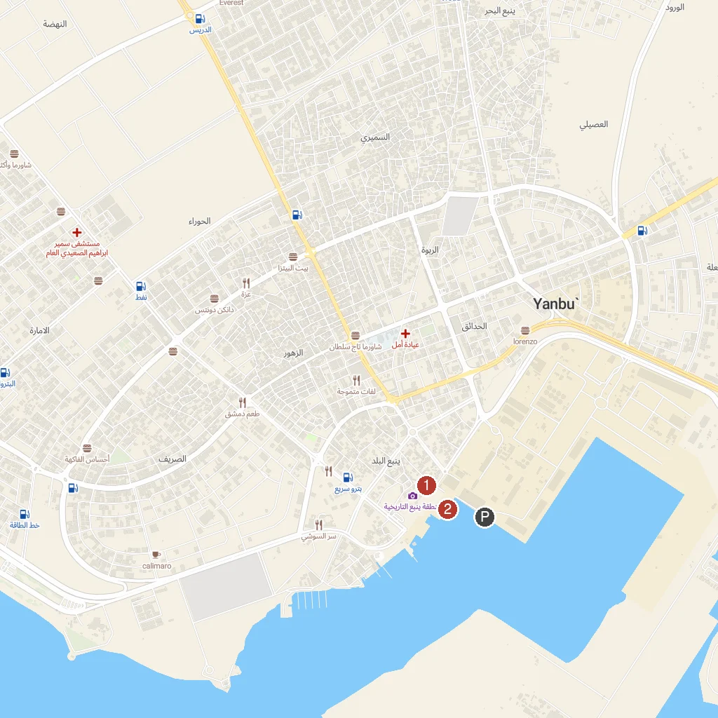 Yanbu Al-Bahr, Madinah Region, Saudi Arabia map with numbered points of interest