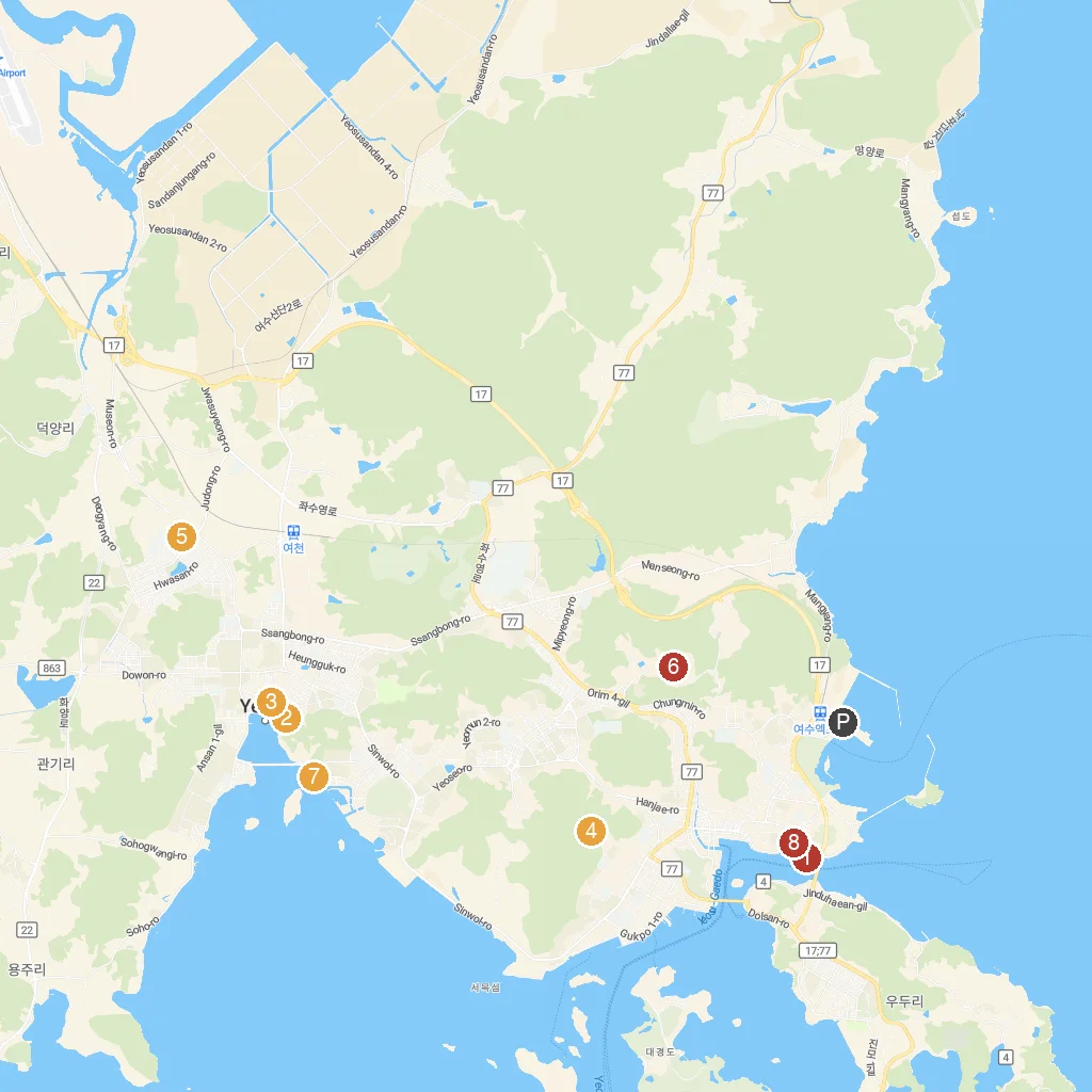 Yeosu, Jeollanam-do, South Korea map with numbered points of interest